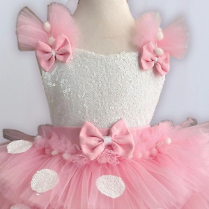 Baby Pink Minnie Sequin Costume , Mouse White Polka-Dot Tulle Dress, Halloween C