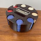 Wooden Spinning Poker Caddy With ( Mostly) Carboard Vintage Chips 