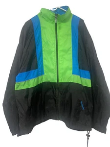 Giacca a vento vintage Reebok full zip blu verde nero anni 80 color block XL - Foto 1 di 11
