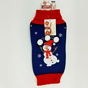 Puppy Dog Blue Christmas Winter Sweater Small Snowman Fold Down Collar - Picture 1 of 3