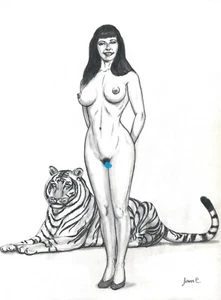 Akt Frau Bleistiftzeichnung Pin-Up "Betty & Tiger" Künstler Jerome Cadd Page - Bild 1 von 4