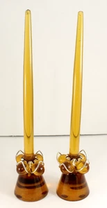 Vintage MCM Lucite Set of 2 (TWO) Candle Holders w/ Candles Amber Orange Acrylic - Picture 1 of 2