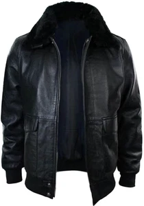 Giubbotto Uomo G1 Ecopelliccia Collo Navy Force Bomber Pelle Nero Classico Vintage - Foto 1 di 4