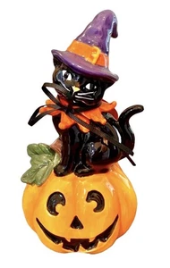 Katze Hexe auf Kürbis 21402 blauer Himmel Keramik Figur 8" hoch - Bild 1 von 1