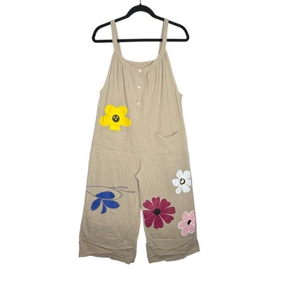 女式米色宽腿短连身裤连体裤彩绘花卉波西米亚口袋 — 第 1/4 张图片