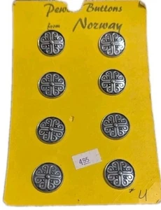 Vintage Pewter Buttons Norway Set Of 8 Round Norwegian Silver Black On Card New - Picture 1 of 6