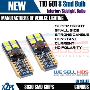 2x T10 W5W 501 Canbus LED Bulbs COB 8 SMD 3030 Bright White Car Lights 12V 6500K - Picture 1 of 2