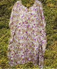 Womens Kaftan Midi Dress, Beige Purple Printed, Sari Summer Resort Wear S/M/L