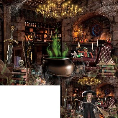 Fondo de laboratorio caldero mágico de Halloween con foco de bruja Foto 1 de 4