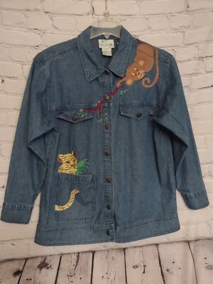 QUACKER FACTORY Embroidered Jean Jacket Animal Kingdom Themed Women's Large  - Image 1 of 4