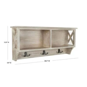 SAFAVIEH Hanging Storage Wall Rack 12" x 28" in Gray Pine Wood w/ Storage + Hook - Picture 1 of 6