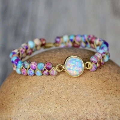 Natural Opal Sea Sediment Jasper Stone Braided Bracelet for Mind Peace Handmade - Image 1 of 3