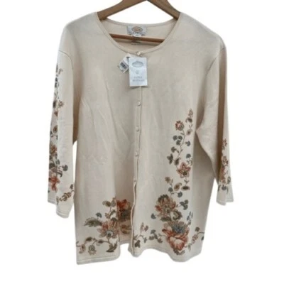 Cárdigan Talbots Mezcla Seda Mujer Talla 2X Blanco Off Floral Manga 3/4 Botón Nuevo Foto 1 de 4