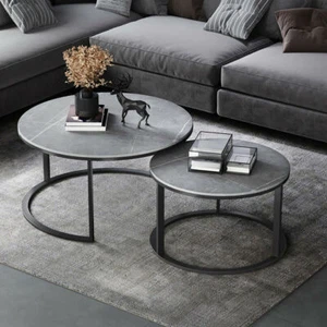 Set of 2 Stylish Design Stone Tables Nesting Coffee Tables Sofa End Space Table - Picture 1 of 12