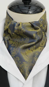 Mens Navy Blue & Gold Shot Paisley Silk Satin Ascot Cravat & Handkerchief  - Picture 1 of 3