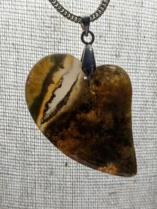 COLGANTE MUSGO ÁGATA EN FORMA DE CORAZÓN VERDE MARRÓN BLANCO. CADENA SERPIENTE CHAPADA 19" .925 - Imagen 1 de 22