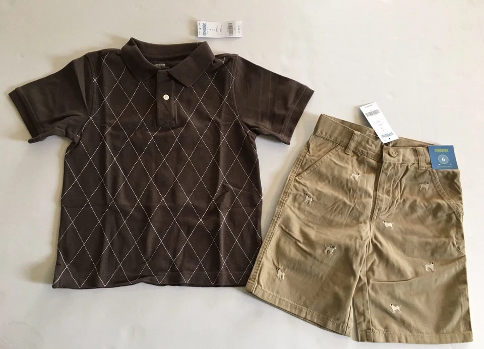 NUEVO CON ETIQUETAS Gymboree Dog Gone Handsome Talla 6 Marrón Diamante Polo Pantalones Cortos Bordados Foto 1 de 1