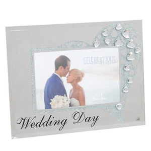 Mirror Glass Photo Frame with Glitter / Gem Heart detail - 6x4 - Wedding Day - Picture 1 of 3