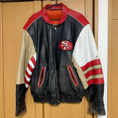 San Francisco 49ers Leather Reversible Jacket with Logo Embroidery - Black Red - Image 1 of 4