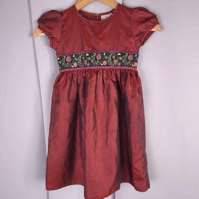Hanna Andersson Dress Girls 100 3-4 Burgundy Red Embroidered Floral Holiday - Image 1 of 4