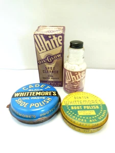 KONVOLUT 3 VINTAGE SCHUHCREME DOSEN UND FLASCHEN WERBUNG WHITTEMORE'S & OIL-GLOW - Bild 1 von 6