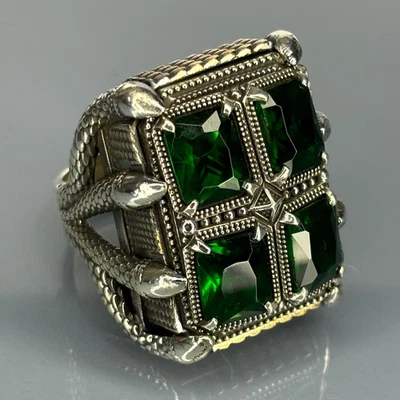 Emerald Sterling Silver Men's Ring: Turkish Handmade Jewelry, Claw Design - Image 1 of 4