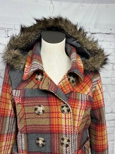 Vintage Y2K Kunstfell Kapuze Indie kuschelig Granola Mädchen Wolle kariert Hippie Mantel Gr. L - Bild 1 von 14