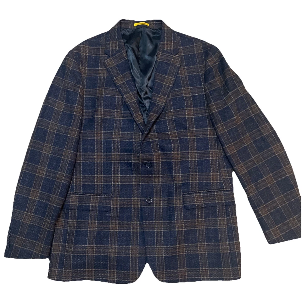 Мужской шерстяной блейзер Hickey Freeman из шелковой льняной смеси 48 л синий коричневый клетчатый на 2 пуговицах - Изображение 1 из 4
