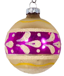 Shiny Brite Ornament Silver Glass Ball Purple Stripe Leaves Glitter 1960s #515 - Picture 1 of 7