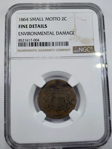 1864 Two Cent Piece - Small Motto - NGC Fine Details, Environmental Damage - Picture 1 of 4