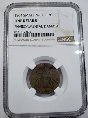 1864 Two Cent Piece - Small Motto - NGC Fine Details, Environmental Damage  - Image 1 of 4