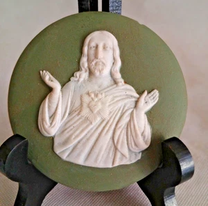 WEDGWOOD ?  Schönes grün-weißes Biskuitmedaillon Christusbild - Bild 1 von 5