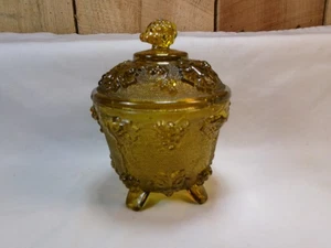 Vintage Jeanette Amber Glass Harvest Grape Pattern Footed Candy Dish with Lid - Picture 1 of 4