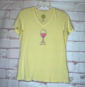 T-shirt grafica LIFE IS GOOD gialla scollo a V manica corta mezza taglia S vino - Foto 1 di 6
