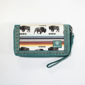 New! Women's Ariat BUFFALO & STRIPES CLUTCH WALLET w. Metal studs Turquoise trim - Picture 1 of 1