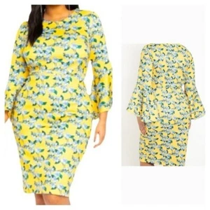 ELOQUII NWT Flare Bell Sleeves Yellow Floral Print Scuba Sheath Dress Size 18 - Picture 1 of 12