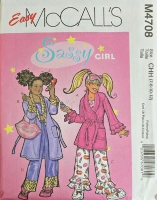 McCall's 4708 Sassy Girls Robe Bag Eye Mask Pajamas Sewing Pattern 7-8-10-12 - Image 1 of 2