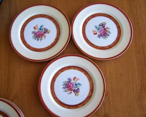 MORIMURA .  NORITAKE  THREE SALAD PLATES  Red inner & outer bands, floral center - Picture 1 of 3