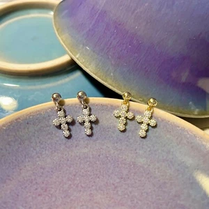 Echt 925 Sterling Silber Kreuz Ohrringe Ohrstecker Iced CZ Herren Damen Christ Geschenk - Bild 1 von 8