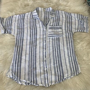 Garnet Hill 100% Linen Top Blue White Striped Button Up Short Sleeve Sz 0 XS - Picture 1 of 6