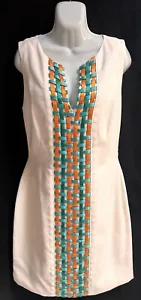 Carlos Miele Dress White Basket Weave Fabric Design Teal Orange Silk Size 40 - Picture 1 of 7