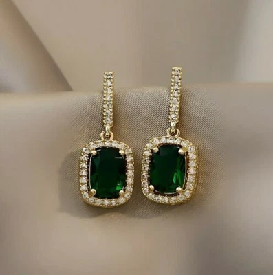 4Ct Emerald Cut Lab Created Green Emerald Dangle Earrings 14K Yellow Gold Plated - Image 1 of 4