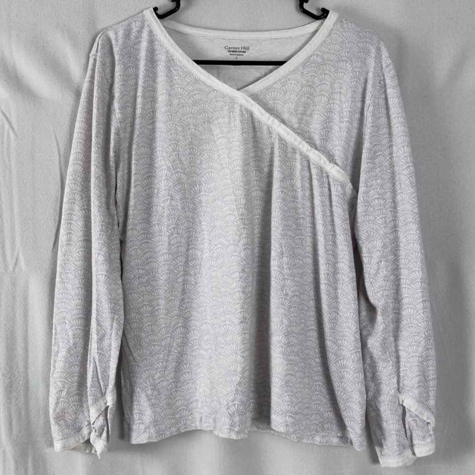 Garnet Hill Sz S Gray Soft Organic Cotton Seashell Faux Wrap Top V-Neck Shirt - Image 1 of 4