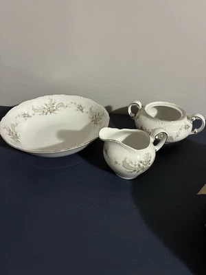 3 Pc  china Serving Bowl Cream  Sugar Queen Anne yellow roses gray - Image 1 of 2