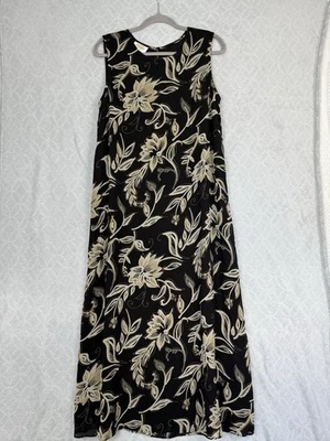 Vtg Talbots Midi Maxi Dress 14 Black Tan Floral Sleeveless Fairygrunge 90s Y2K - Image 1 of 4