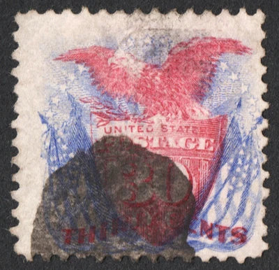 US Sc# 121 USED { "SCARCE 30c PICTORIAL } NICE FANCY CANCEL 1869 THIN CV$ 500.00 - Image 1 of 4