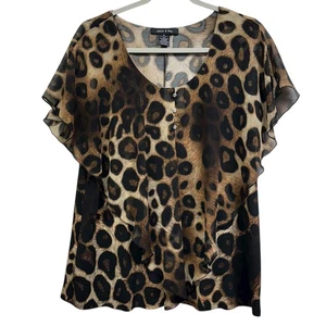 Adele & May Shirt Womens XL Brown Leopard Print Sheer Flutter Sleeve Henley - Picture 1 of 6