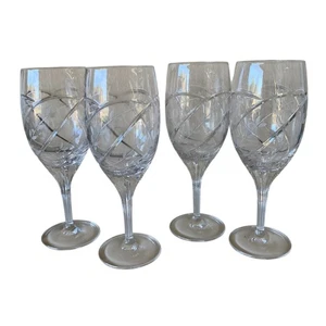 4 Kristall Weingläser Wasserkelche geätzt kreuz und quer Rankenmuster Stielgläser - Bild 1 von 10