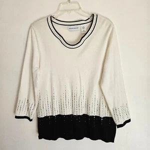 Alfred Dunner Top Womens Small White Black Embellished Knit Pullover Classic - Picture 1 of 12