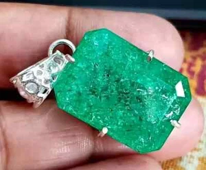 Colgante de plata maciza 925 con piedras preciosas sueltas esmeralda verde natural certificado de 55 quilates - Imagen 1 de 8